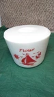 McKee Glass Co Red Ships Round 6 “ Flour Jar / Refrigerator Dish With Lid White