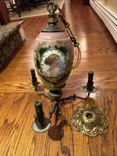 Victorian Pink Porcelain Candle Chandelier w/ Portrait Woman, Gold Gilt, 18” H