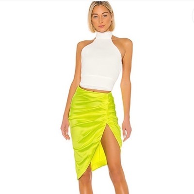 $185 NBD ''Vega'' Asymmetric Ruched Mini Skirt | Neon Yellow | 8 - 10 / M