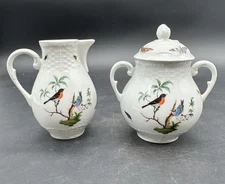 Ceralene Les Oiseaux A. Raynaud Limoges Sugar Bowl with Lid & Creamer Set READ