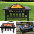 32 Inch Square Metal Garden Fire Pit Table with Grill Spark Protector Screen
