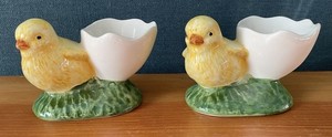 TWO Bordallo Pinheiro Egg Cup Chick Cracked Egg Portugal Easter Spring