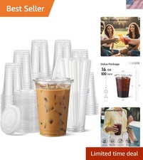100 Pack - 16 oz Clear Plastic Cups with Lids and Straws, Food Safe Disposabl...