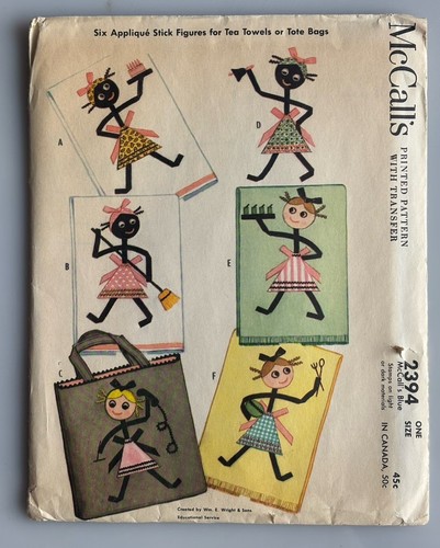 Vtg McCall’s 6 Stick Figure Applique Transfers for Tea Towels Tote Bags #2394