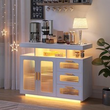 Coffee Bar Cabinet W/ RGB Light  Charging Station White