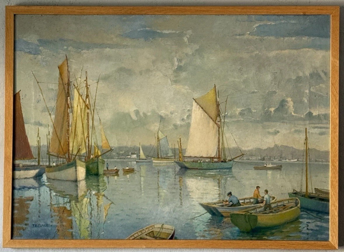 THOMAS CLARK VINTAGE NAUTICAL BOAT SEASCAPE LANDSCAPE OIL PAINTING OLD UK WPA 50