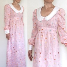 Vintage 70s Gingham Maxi Dress Empire Waist Gown Peter Pan Collar Pastel Kawaii