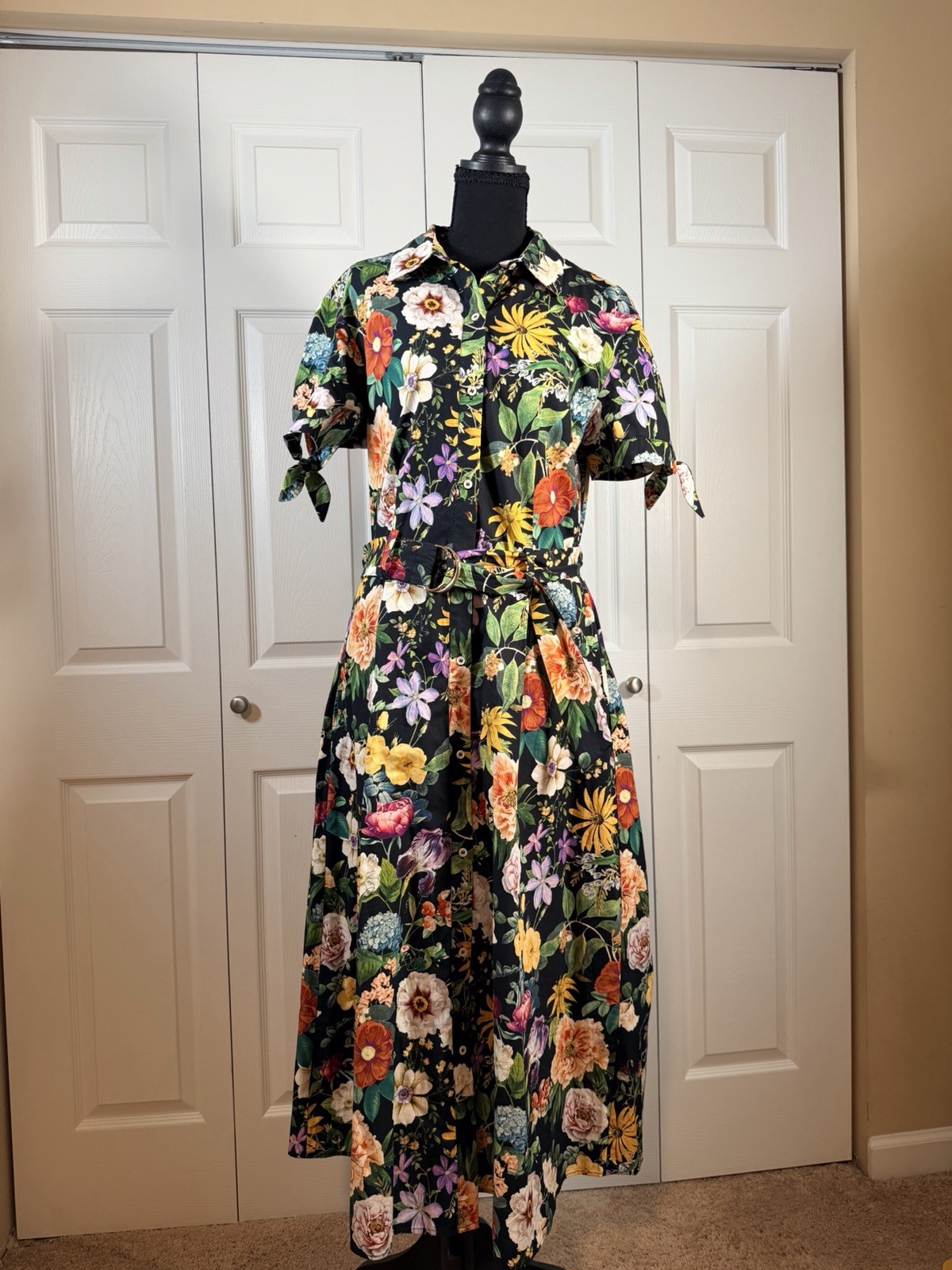 Multicolor Floral Collared Button Front Belted Midi Shirt Dress Short Sleeve S