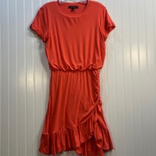 Banana Republic Coral Orange Ruffle Faux Wrap Blouson Knit Mini Dress XS Flirty