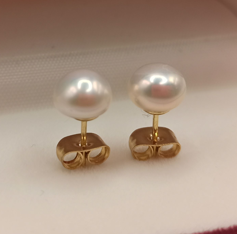AAAA  7-8mm Natural south sea Pearl white Bread Pearl Stud Earrings 14K gold