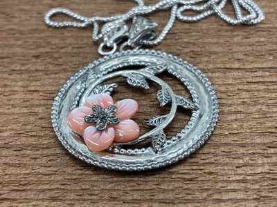 Or Paz Pink Mother of Pearl Floral Pendant Necklace Sterling Silver QVC Box Bag