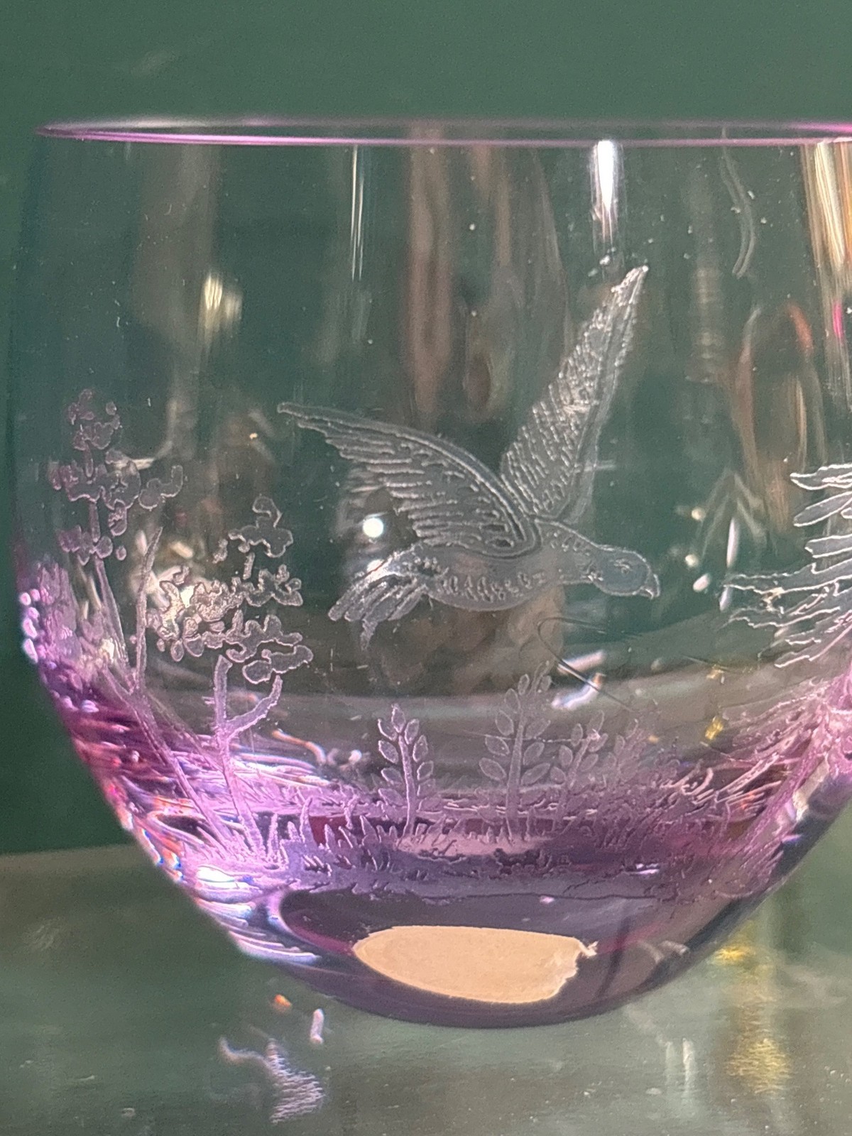 VINTAGE MOSER - ETCHED BIRDS BOHEMIAN CZECH CRYSTAL BAR GLASS