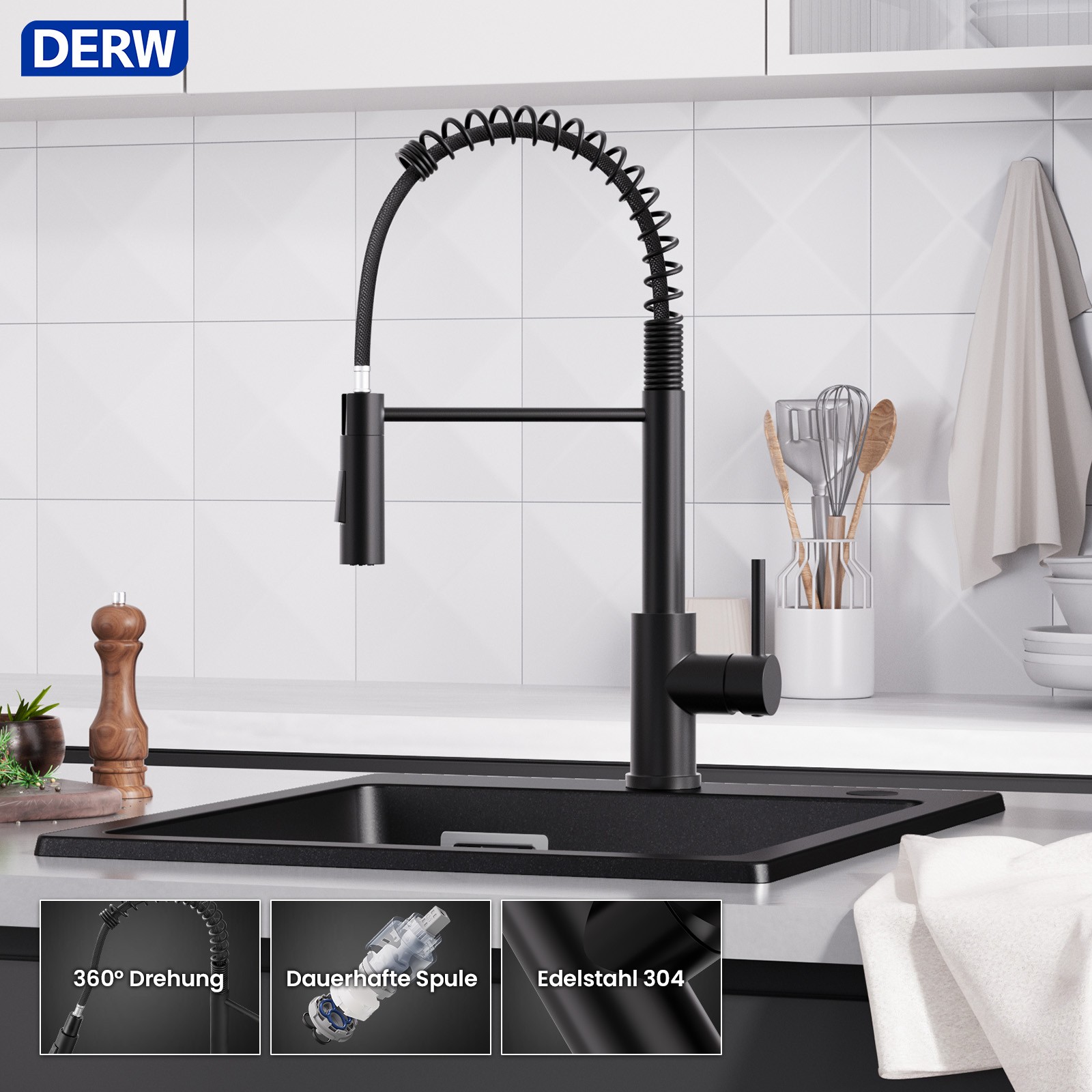 Gastro Einhebelmischer Spiralfeder Küchenarmatur ausziehbarer Wasserhahn 3-Wege