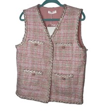 Niwiy Vest Womens Size Large Pink Tweed Pockets Button Up V Neck Sleeveless