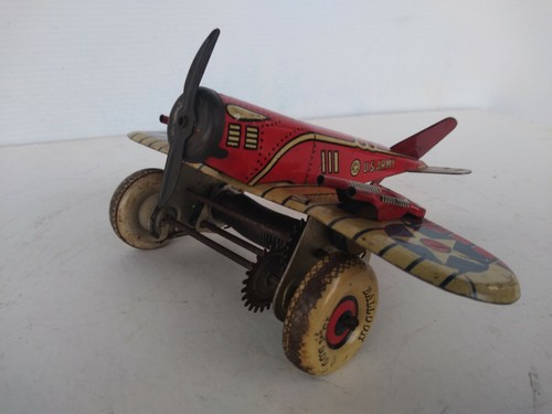 AVIÓN BRILLANTE VINTAGE MARX HOJALATA WINDUP ROJO EJÉRCITO DE EE. UU. - Imagen 2 de 12