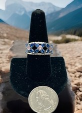 Vintage Blue Pink Art Glass Flowers Band Ring Sterling Size 8