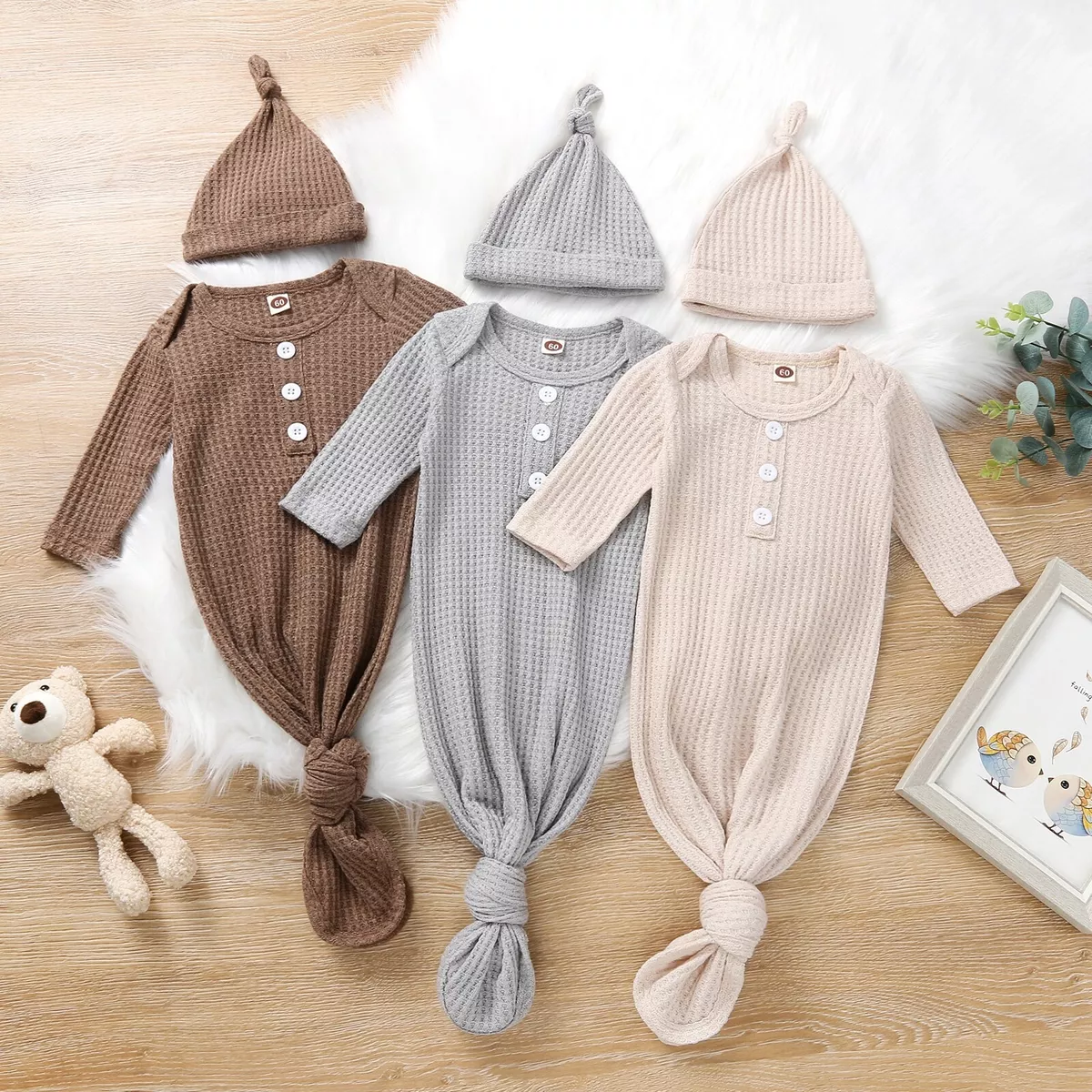 Newborn Baby Plain Gown with Hat Waffle Knit Sleeping Bag Cozy