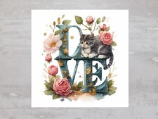 Floral Love Word with Kitty Cat Fabric Panel Craft Sewing Quilt Block A536