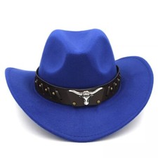 Blue Western Cowboy Cowgirl Hat for Men Women   Black Bull Strap Retro Felt