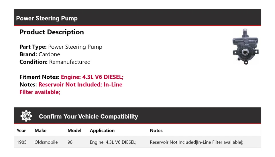 Bomba de dirección asistida diésel Cardone Oldsmobile 98 1985 4,3 L V6 Foto 2 de 4