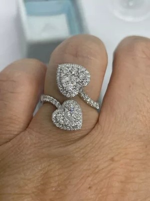 2.10Ct Round Real Moissanite Double Heart Bypass Ring 14K White Gold Plated
