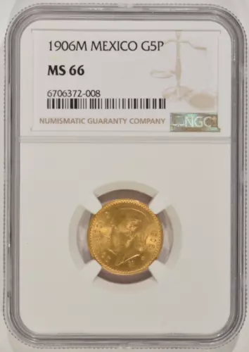 1906-M Mexico Gold Cincos Pesos G5P NGC MS66 5 Peso 6706372-008
