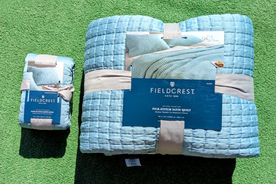 Aqua Fieldcrest The Patel Collection Pick-Stitch Quilt Queen+Satin Sham NWT - Image 2 of 4