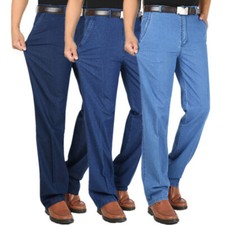 Classic Men Denim Pants Straight Leg Stretch Jeans Trousers Business Casual Work