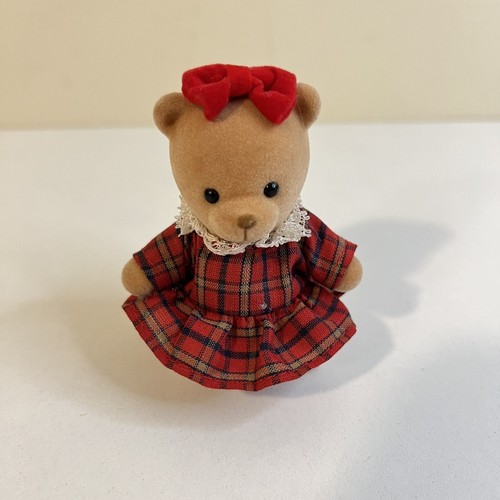 VTG Russ Berrie miniature velvet teddy bear figurine plaid dress Bow Flocked - Afbeelding 1 van 9