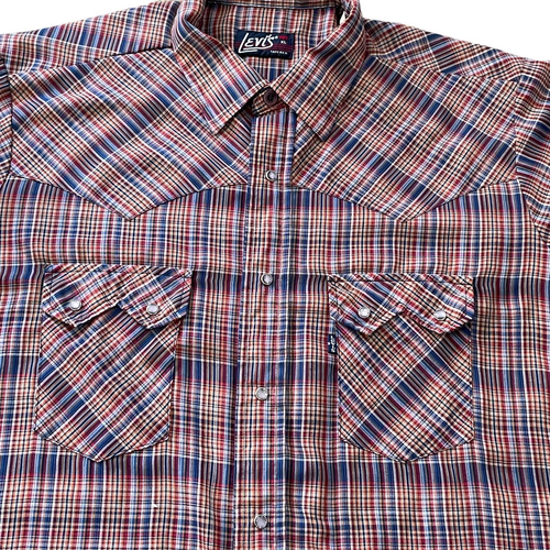 Levi's Shirt Mens XL Tapered Western Pearl Snap Red Blue Plaid Metallic 80's Vtg - Picture 17 of 19