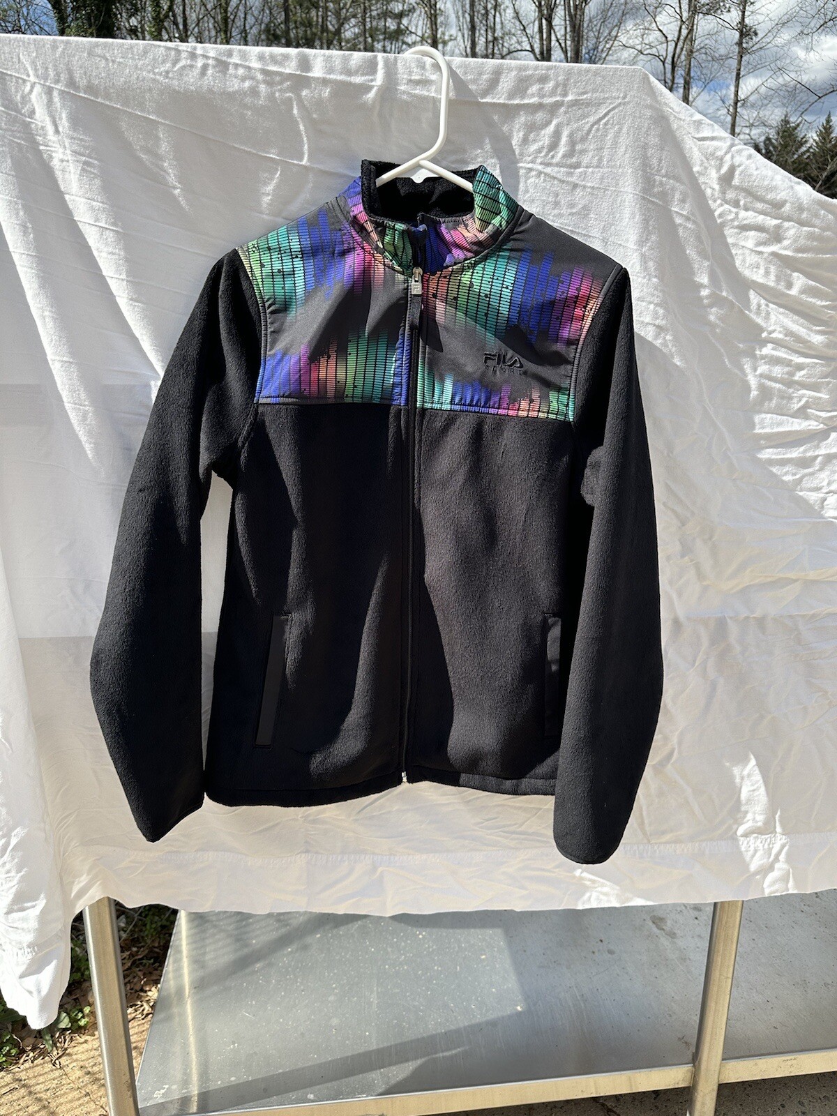 FILA SPORT giacca pile nero full zip donna M anni 90 stampa geometrica ombreggiata retrò