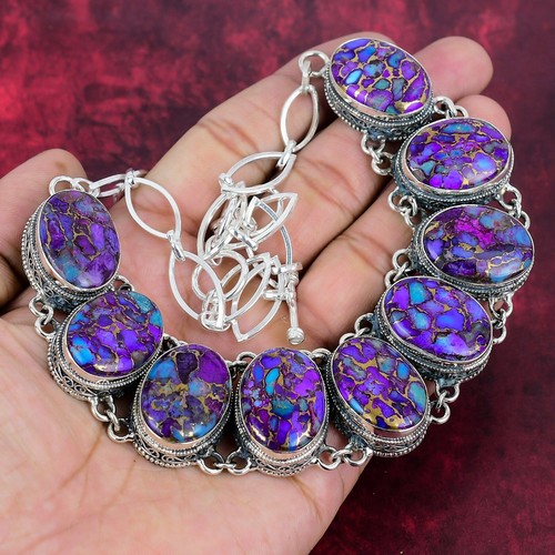 Purple Copper Turquoise Gemstone Handmade 925 Sterling Silver Jewelry Necklace - Picture 2 of 6
