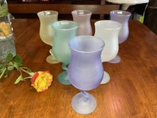 Vtg Frosted Zig Zag Stem Glasses (6) Pastel Colors; Cocktail Dessert Libby Glss'