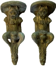 PAIR OF ANTIQUE Late 1800s CONCRETE GARGOYLE WALL PEDIMENTS, SCULPTURES