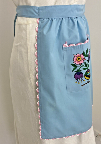 Vintage Handmade Waist Apron w Painted Floral Bird Pattern Retro Kitchen Art - Picture 2 of 12
