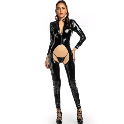 Damen Latex Leder Jumpsuit Zipper Catsuit Wetlook Schritt Offen Overall Bodysuit - Bild 2 von 14