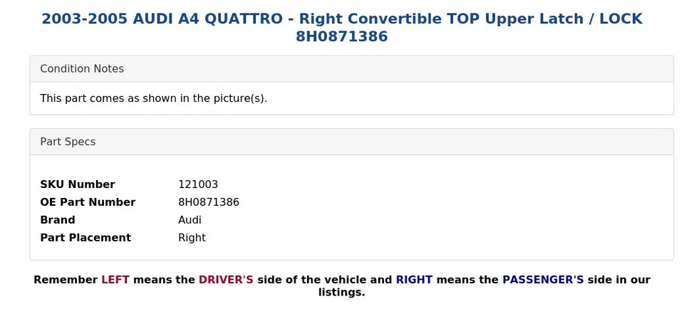 AUDI A4 QUATTRO 2003-2005 - derecho convertible pestillo superior superior / bloqueo 8H0871386 Foto 3 de 4