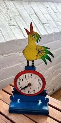 Acme Animals Metal Bird Clock Artist Signed Folk Art Whimsical WORKING - 13  H