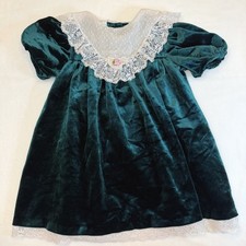 Vintage Velvet Dress Girls Size 5 Green Bonnie Jean Lace Trim Festive Holiday