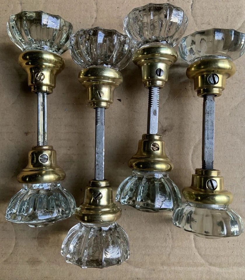 Juego de 4 perillas de puerta de vidrio antiguas de colección estrella de 12 puntos herrajes latón COMPLETO Foto 3 de 3