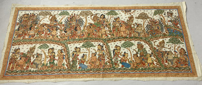 Vintage balinesische Kamasan Wayang Erzählstoffmalerei Textiltafel 188x87 cm