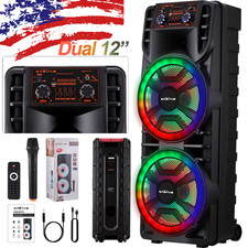Dual 12" Portable Bluetooth Party Speaker Loud Heavy Bass Sound with Mic Remote