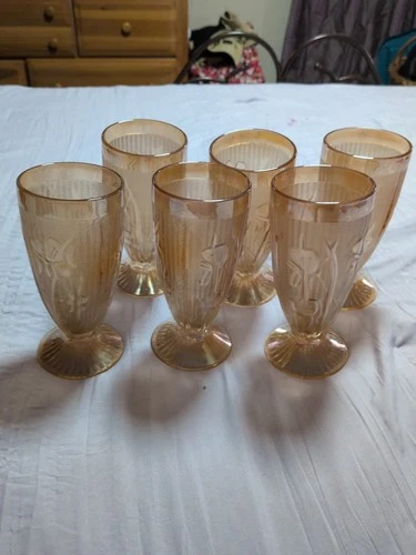 6 Jeanette Iris & Herringbone Marigold Iridescent Carnival Glass Footed Tumblers