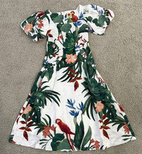 Farm Rio Midnight Macaw Fiesta Linen Puff-Sleeve Midi Dress Sz S NWT $298