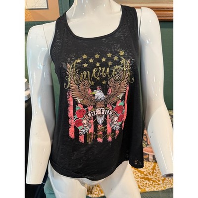 Vintage Americana Eagle Burnout Racerback Tank Top Black Gold Glitter XXL