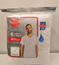 Hanes Ultimate Tagless V-Neck Moisture Wicking Undershirts XL 6-Pack White