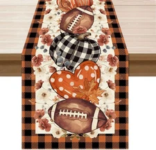 XCHI Fall Football Pumpkin Love Heart Flowers Plaid Table Runner Table Decoratio