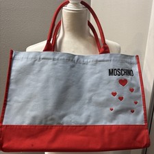 RARE Designer MOSCHINO Blue Red Canvas Embroidered Hearts Tote Bag Purse READ