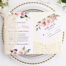 50Pcs Ivory Tri Fold Wedding Invitation Kit Rose Laser Cut Invitations with E...