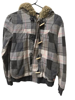 Medium Vintage Roxy Y2K Button Up Plaid Jacket  Faux Fur On Hood